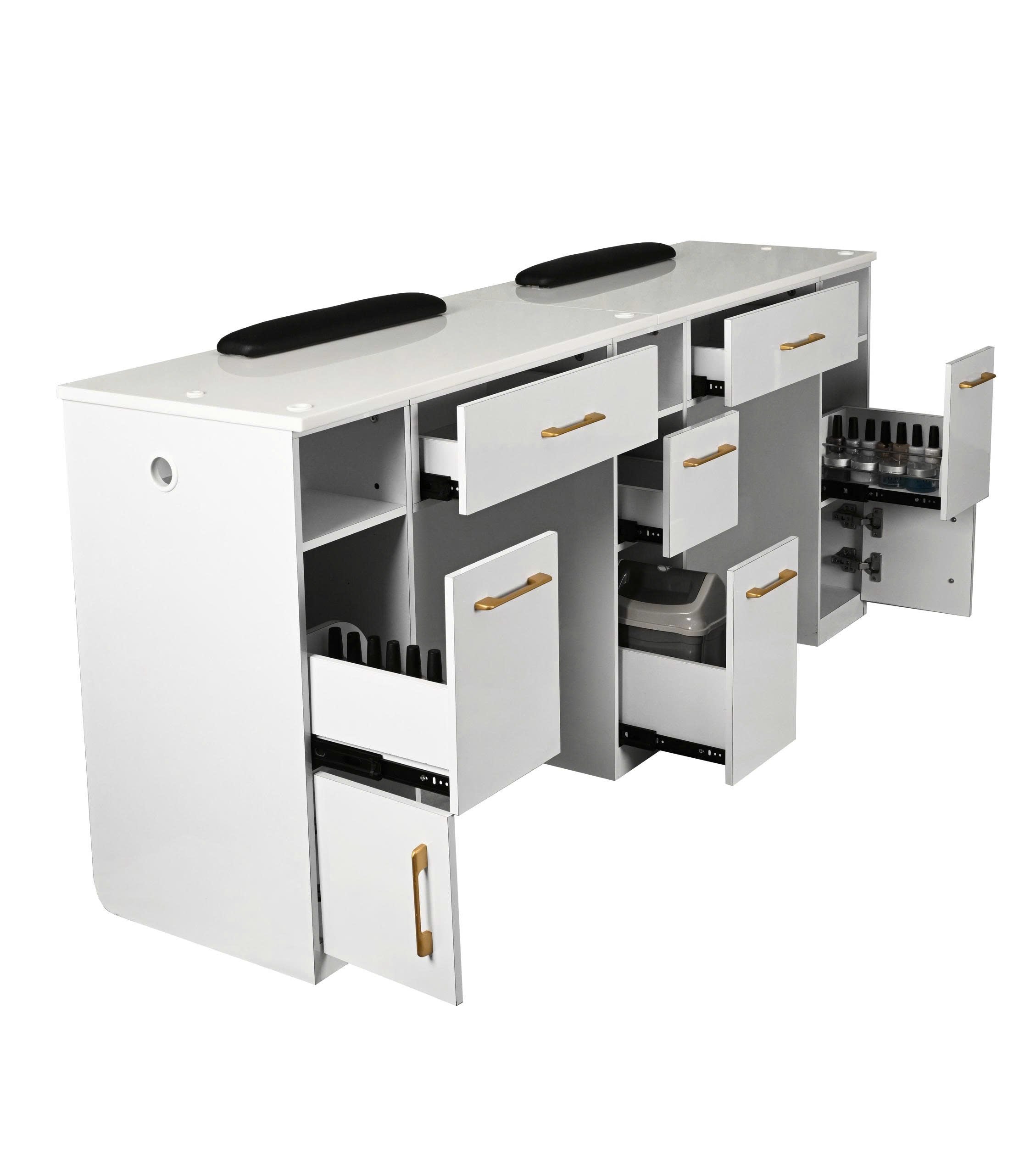 Essential Series - White & Gold Triple Nail Table – Modern Manicure Desk for Nail Salons