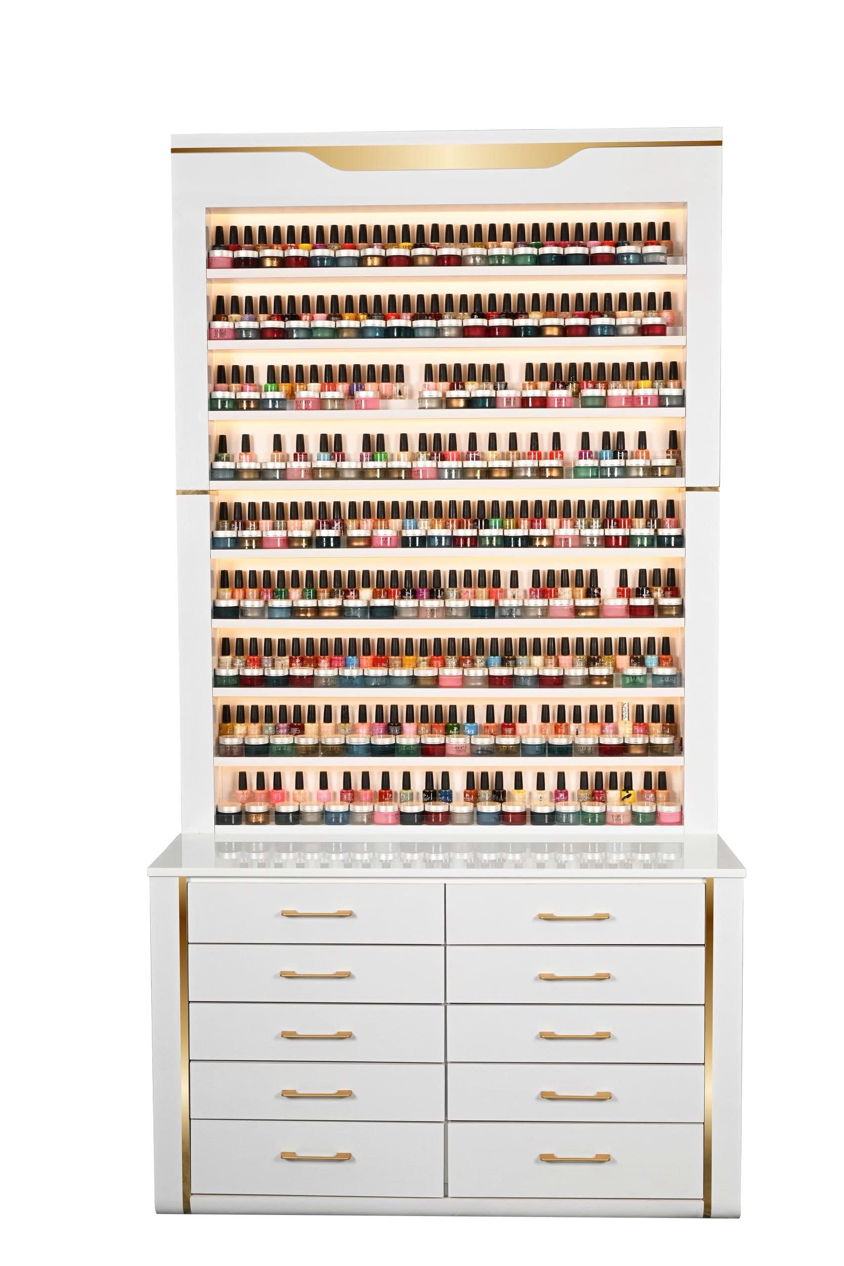 Essential Series - White & Gold LED Nail Display Cabinet – Storage & Lighted Rack Combo