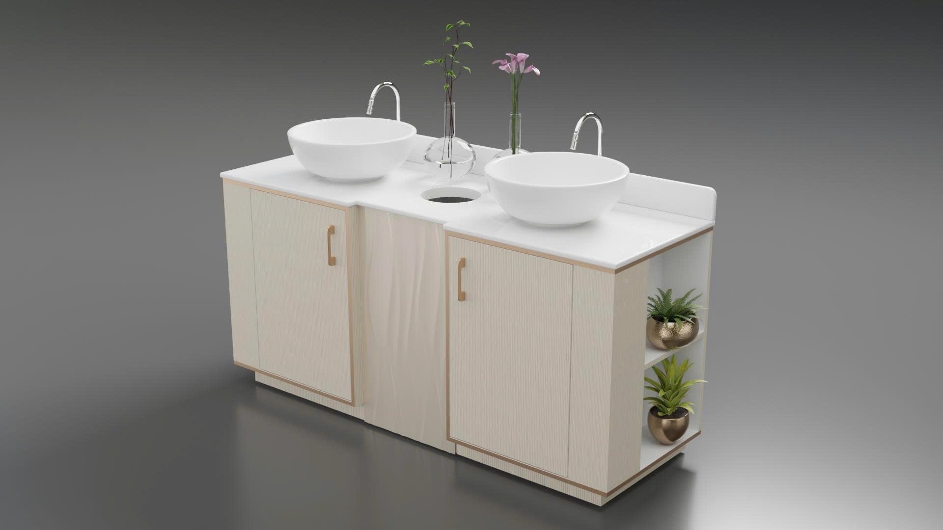 Royal Series - Beige & Rose Gold Trim Luxury Salon Sink Cabinet – Double Basin with Fixtures