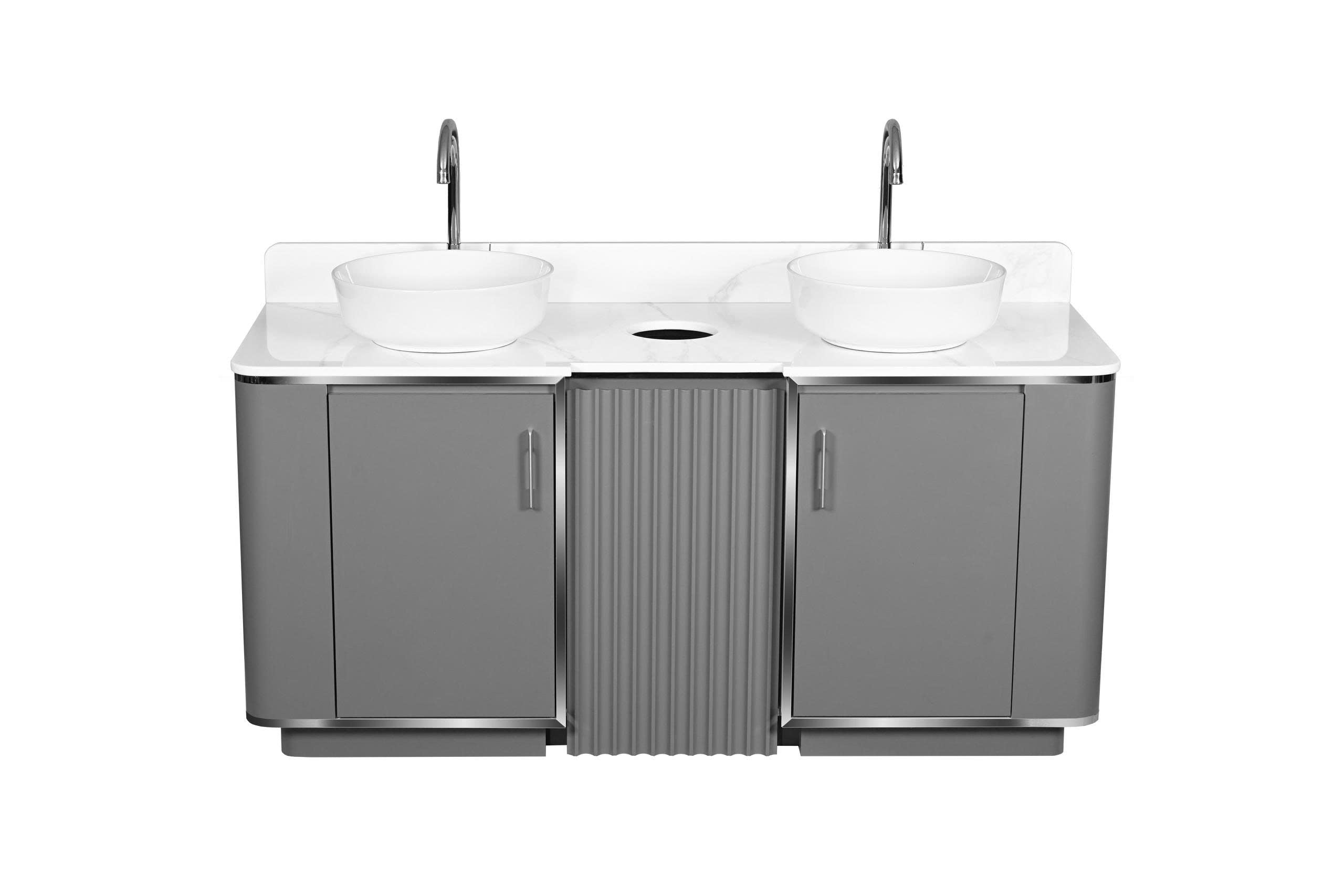Pro Series - Gray & Silver Trim Salon Sink Cabinet – Double Basin with Fixtures