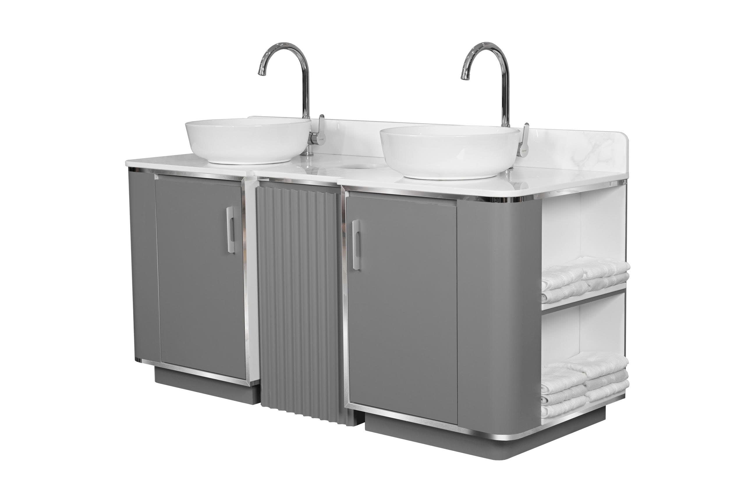 Pro Series - Gray & Silver Trim Salon Sink Cabinet – Double Basin with Fixtures