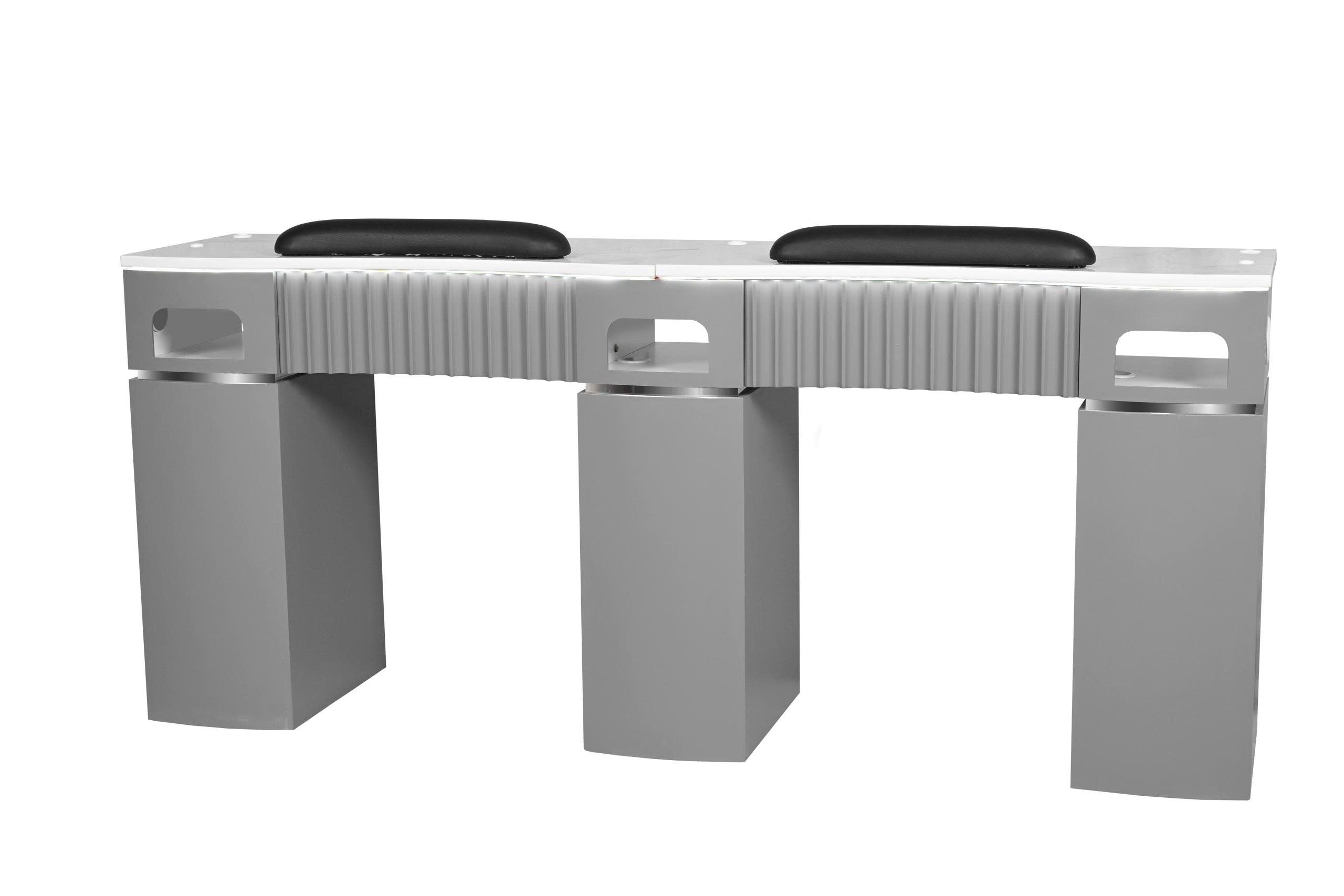 Pro Series - Gray & Silver LED Double Nail Table – Manicure Desk with Power & Vent Option