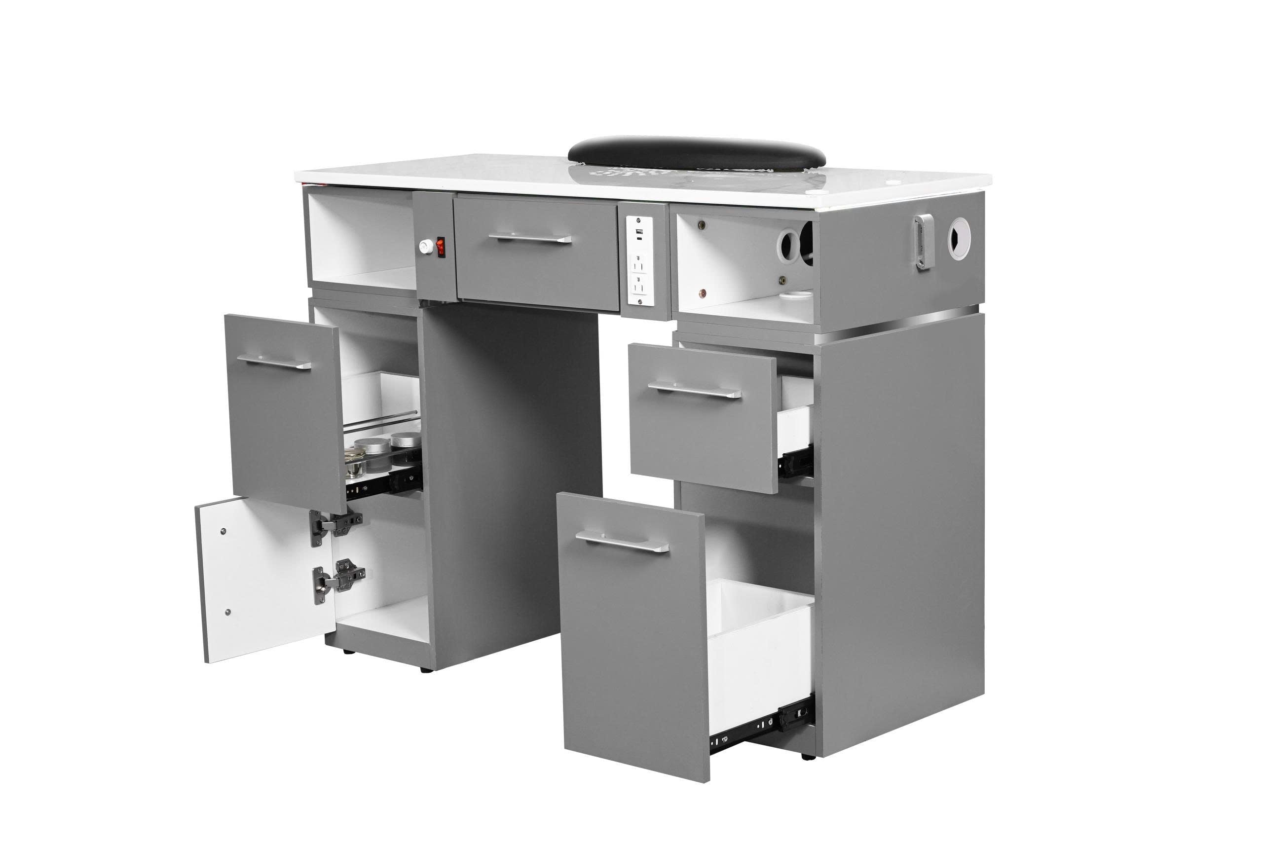 Pro Series - Gray & Silver LED Single Nail Table – Manicure Desk with Power & Vent Option