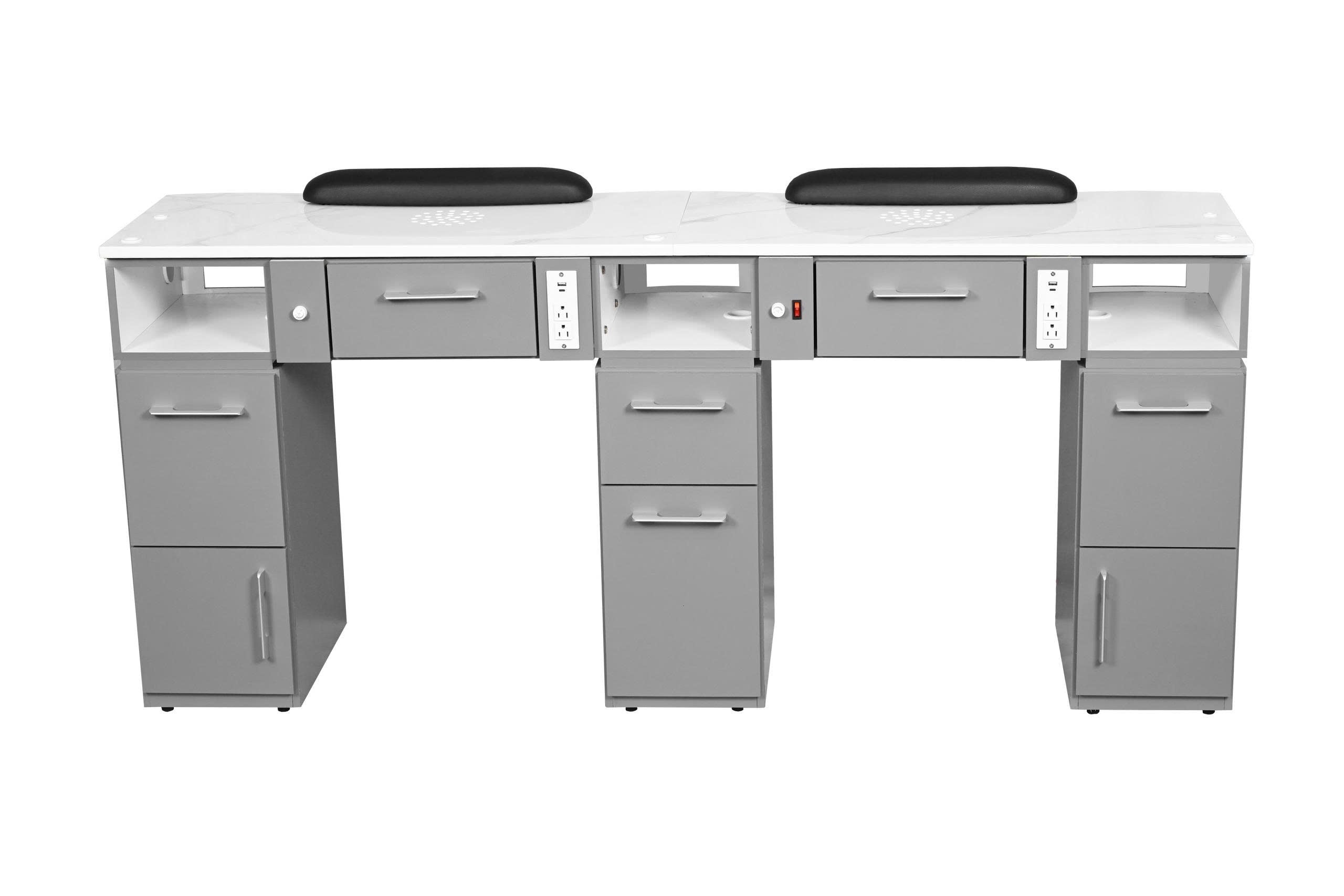 Pro Series - Gray & Silver LED Double Nail Table – Manicure Desk with Power & Vent Option