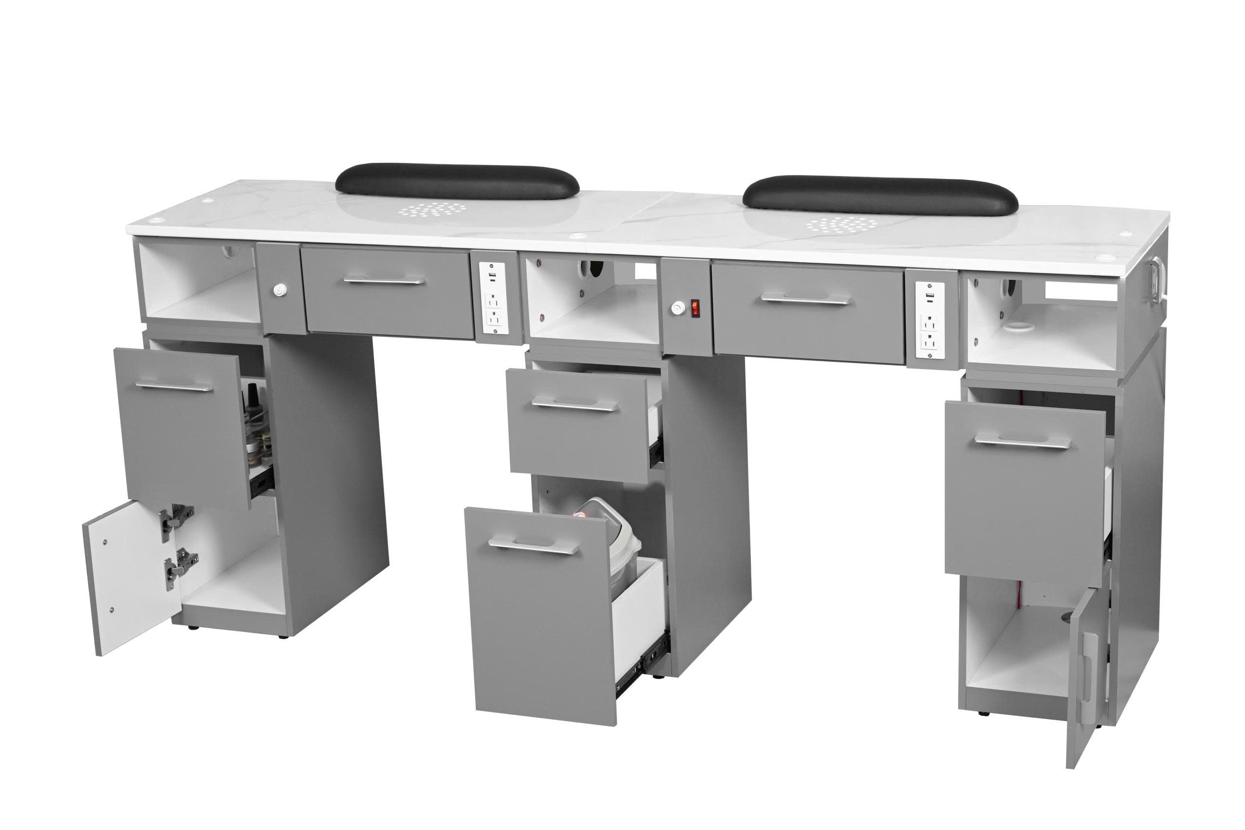 Pro Series - Gray & Silver LED Double Nail Table – Manicure Desk with Power & Vent Option